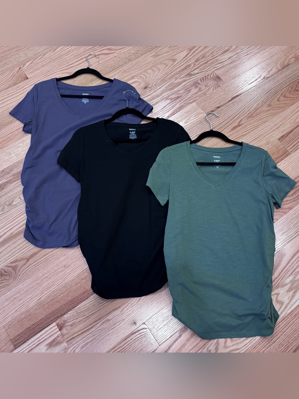 3 Sonoma Maternity Everyday V‑Neck T‑Shirts — Black, Olive Green, & Dusty Purple